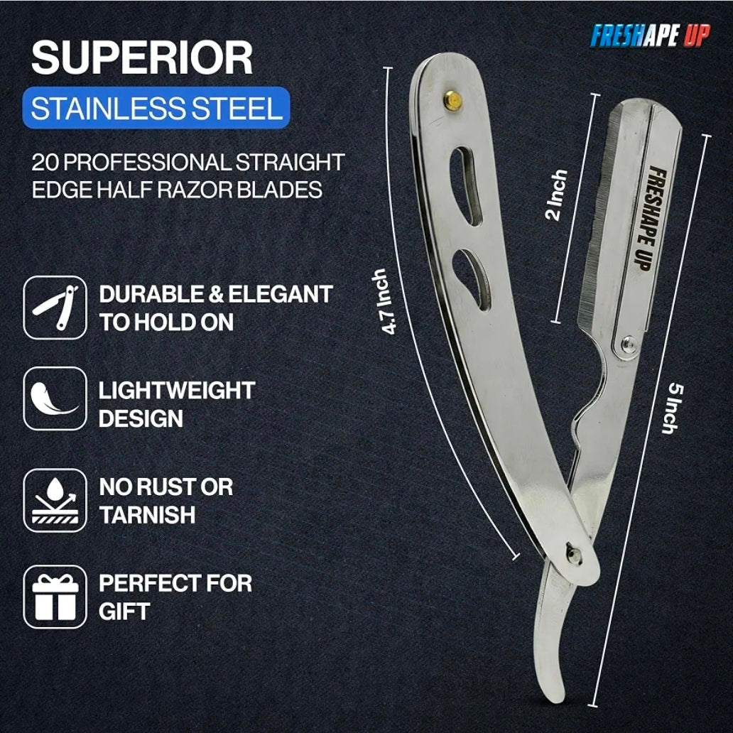 Freshape Up Professional Barber All Black Straight Edge Razor for Men. Smooth Face and Beard Shaving. 100 Pack of Blades and 10 Pack of Freshape Up Sponges Included
