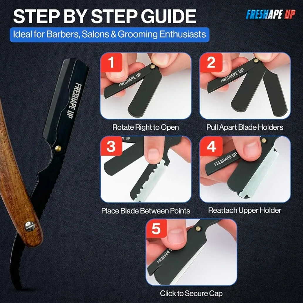 Freshape Up Professional Barber Black & Gold Straight Edge Razor for Men. Smooth Face and Beard Shaving. 100 Pack of Blades and 10 Pack of Freshape Up Sponges Included