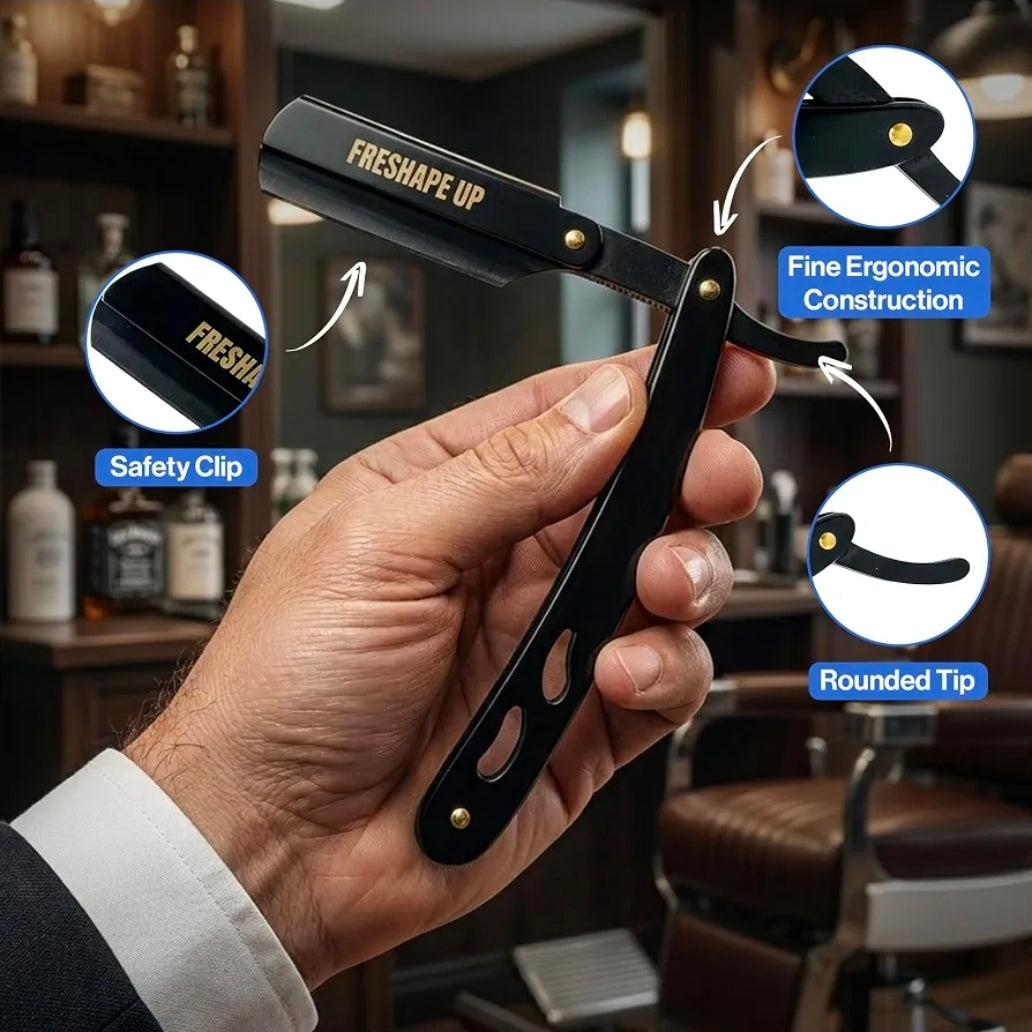 Freshape Up Professional Barber All Black Straight Edge Razor for Men. Smooth Face and Beard Shaving. 100 Pack of Blades and 10 Pack of Freshape Up Sponges Included