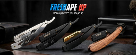 Freshape Up Professional Barber Wooden Straight Edge Razor for Men. Smooth Face and Beard Shaving. 100 Pack of Blades and 10 Pack of Freshape Up Sponges Included