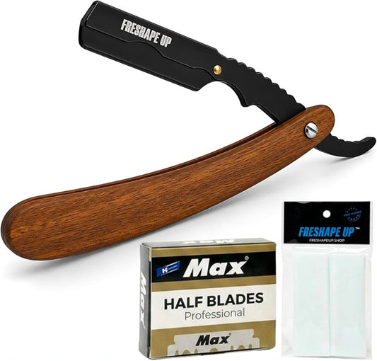 Freshape Up Professional Barber Wooden Straight Edge Razor for Men. Smooth Face and Beard Shaving. 100 Pack of Blades and 10 Pack of Freshape Up Sponges Included