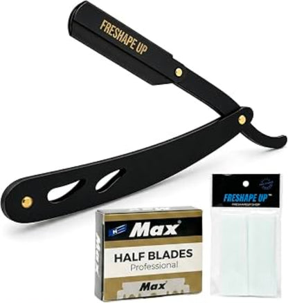 Freshape Up Professional Barber All Black Straight Edge Razor for Men. Smooth Face and Beard Shaving. 100 Pack of Blades and 10 Pack of Freshape Up Sponges Included