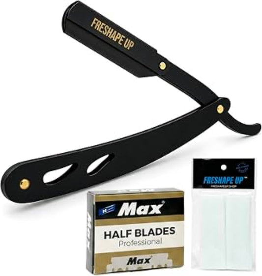 Freshape Up Professional Barber All Black Straight Edge Razor for Men. Smooth Face and Beard Shaving. 100 Pack of Blades and 10 Pack of Freshape Up Sponges Included