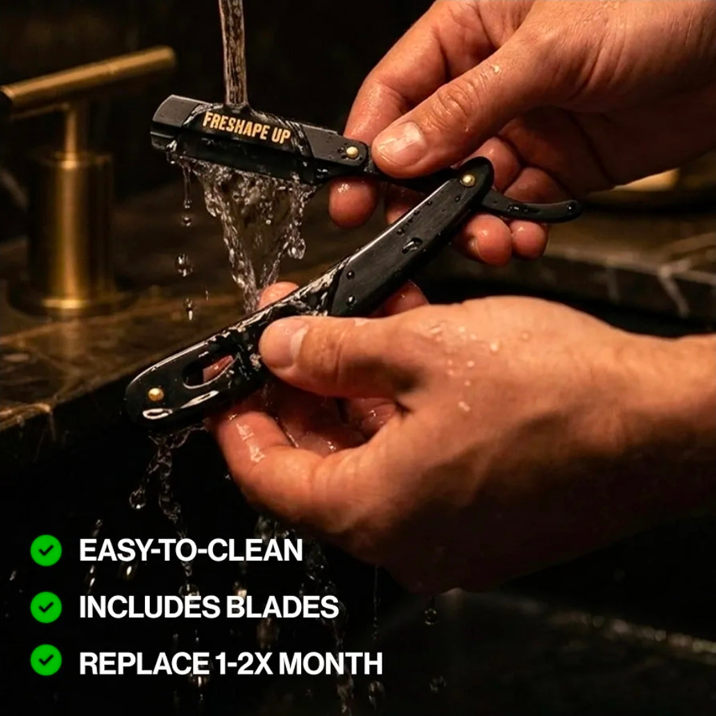Freshape Up Professional Barber All Black Straight Edge Razor for Men. Smooth Face and Beard Shaving. 100 Pack of Blades and 10 Pack of Freshape Up Sponges Included