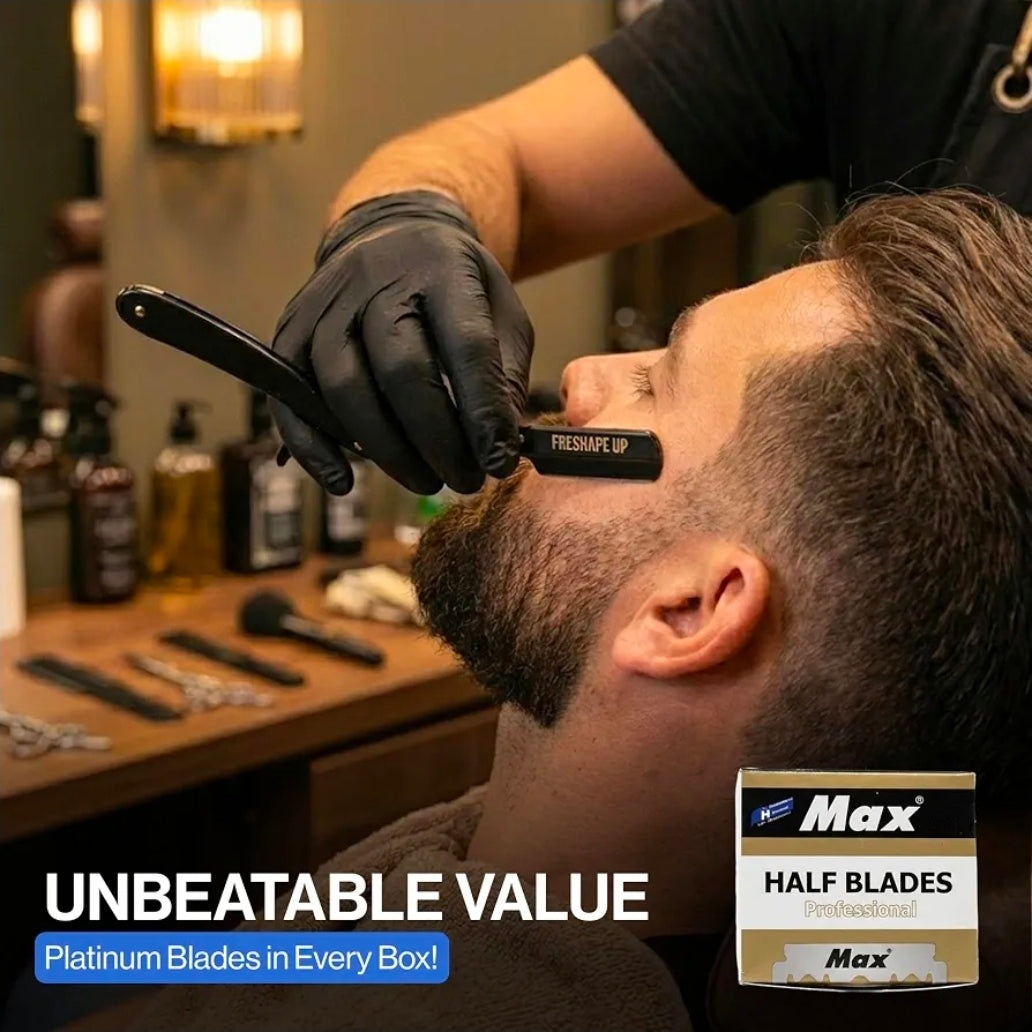 Freshape Up Professional Barber All Black Straight Edge Razor for Men. Smooth Face and Beard Shaving. 100 Pack of Blades and 10 Pack of Freshape Up Sponges Included