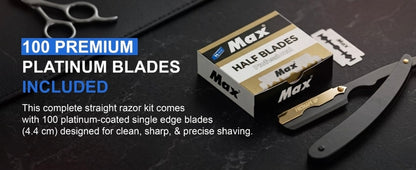 Freshape Up Professional Barber All Black Straight Edge Razor for Men. Smooth Face and Beard Shaving. 100 Pack of Blades and 10 Pack of Freshape Up Sponges Included