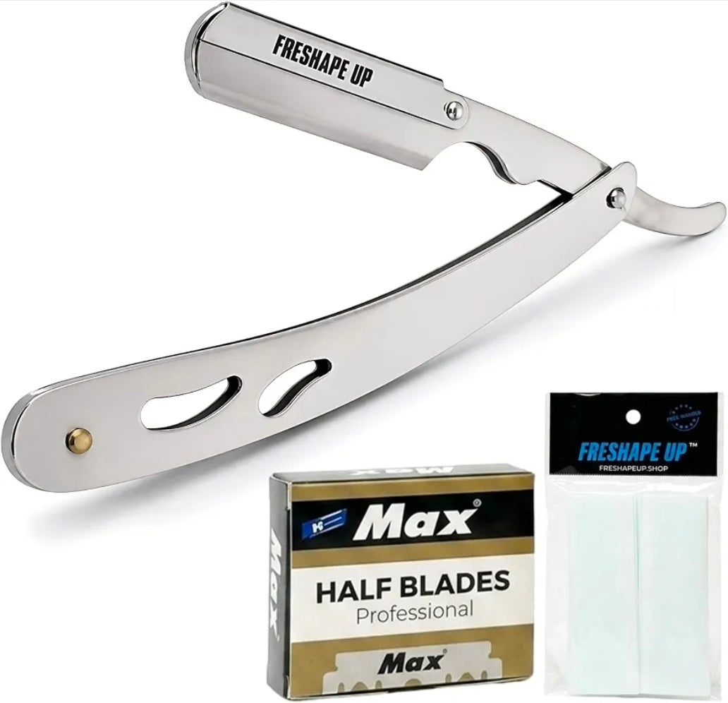 Freshape Up Professional Barber Stainless Steel Straight Edge Razor for Men. Smooth Face and Beard Shaving. 100 Pack of Blades and 10 Pack of Freshape Up Sponges Included