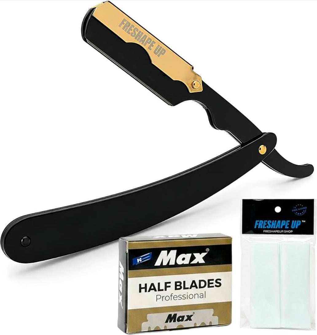 Freshape Up Professional Barber Black & Gold Straight Edge Razor for Men. Smooth Face and Beard Shaving. 100 Pack of Blades and 10 Pack of Freshape Up Sponges Included