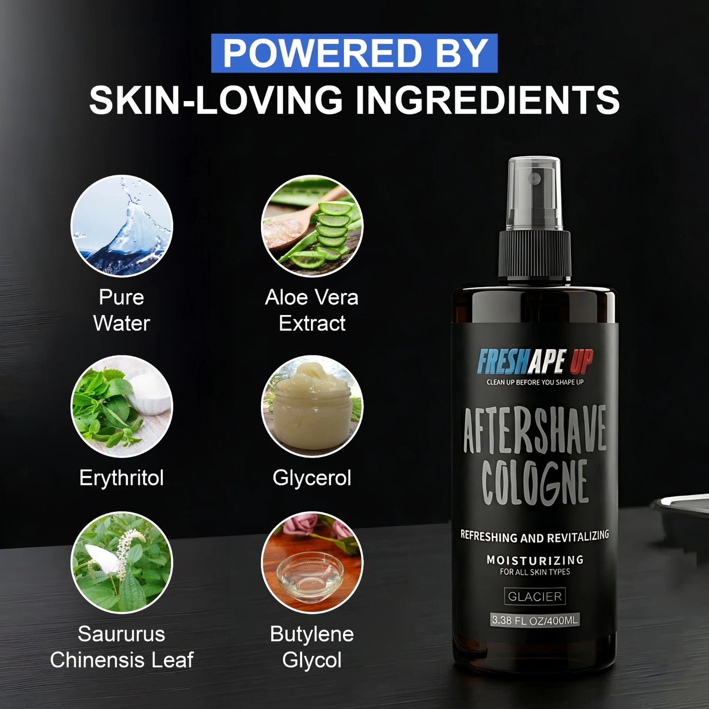 Freshape Up Aftershave Cologne for Men with 10 Hairline Wipes – Glacier Scent | Aloe Vera, Moisturizing, Refreshing & Revitalizing – All Skin Types Spray Bottle 400ml