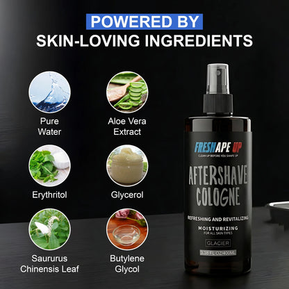 Freshape Up Aftershave Cologne for Men with 10 Hairline Wipes – Glacier Scent | Aloe Vera, Moisturizing, Refreshing & Revitalizing – All Skin Types Spray Bottle 400ml