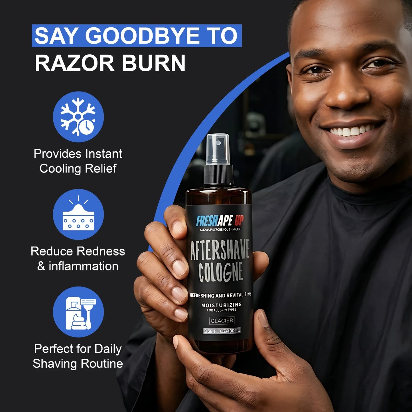 Freshape Up Aftershave Cologne for Men with 10 Hairline Wipes – Glacier Scent | Aloe Vera, Moisturizing, Refreshing & Revitalizing – All Skin Types Spray Bottle 400ml