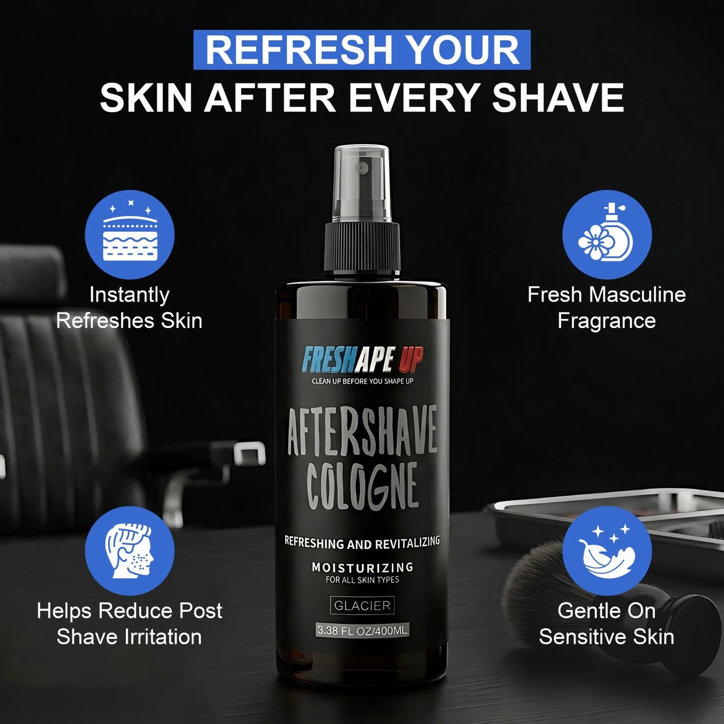 Freshape Up Aftershave Cologne for Men with 10 Hairline Wipes – Glacier Scent | Aloe Vera, Moisturizing, Refreshing & Revitalizing – All Skin Types Spray Bottle 400ml