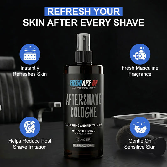 Freshape Up Aftershave Cologne for Men with 10 Hairline Wipes – Glacier Scent | Aloe Vera, Moisturizing, Refreshing & Revitalizing – All Skin Types Spray Bottle 400ml